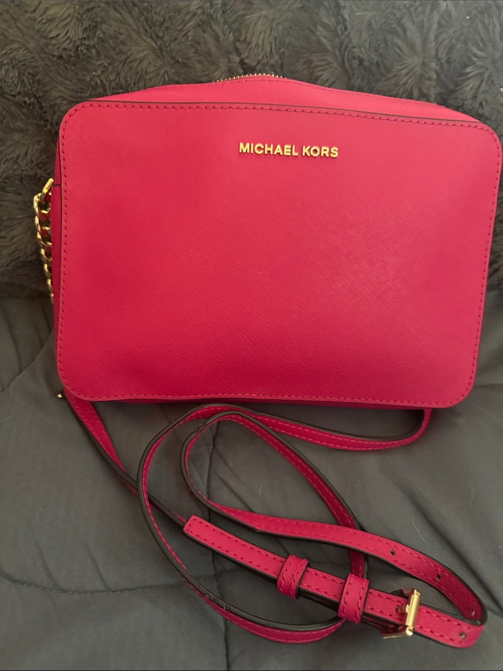 Michael Kors Hot Pink Saffiano Crossbody Bag with Gold Hardware
